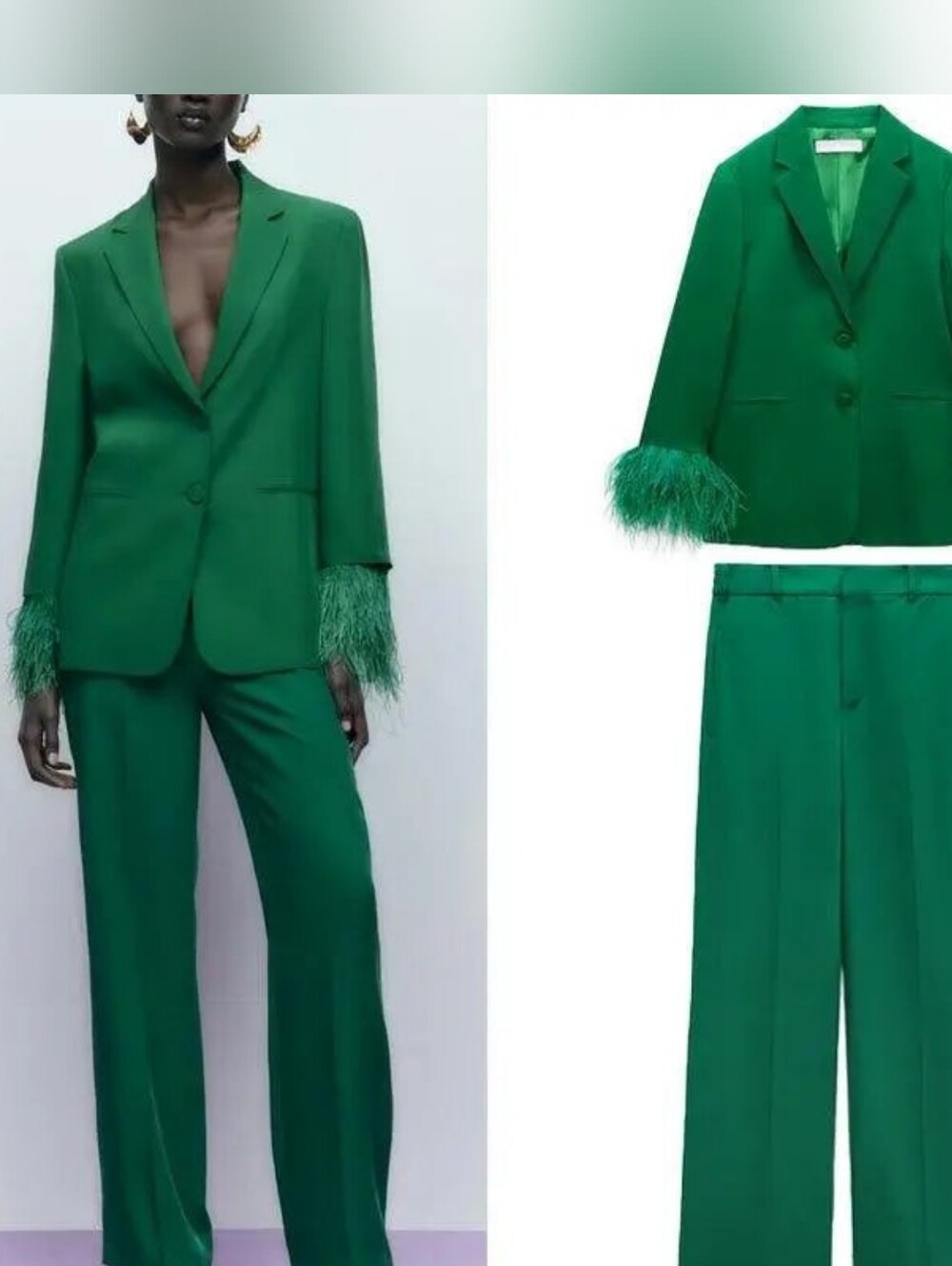 Zara Green Feather-Cuff Women's Suit Jacket & Trousers